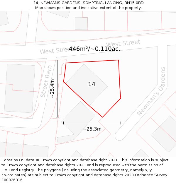 14, NEWMANS GARDENS, SOMPTING, LANCING, BN15 0BD: Plot and title map