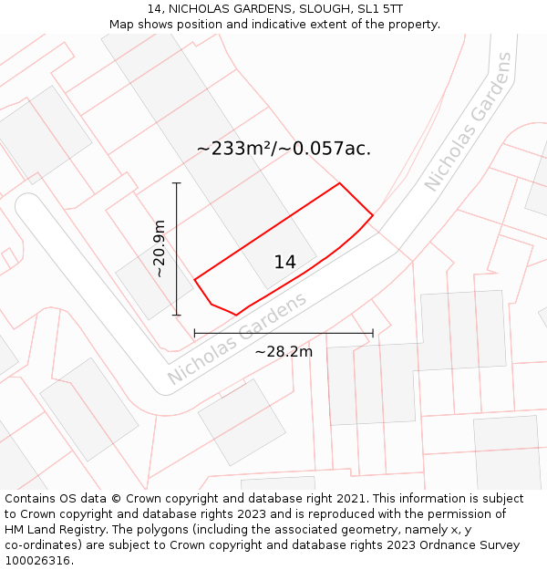 14, NICHOLAS GARDENS, SLOUGH, SL1 5TT: Plot and title map