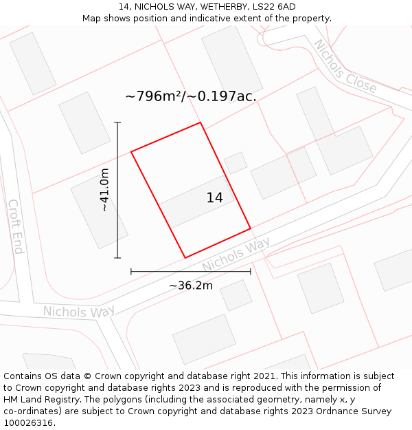 14, NICHOLS WAY, WETHERBY, LS22 6AD: Plot and title map
