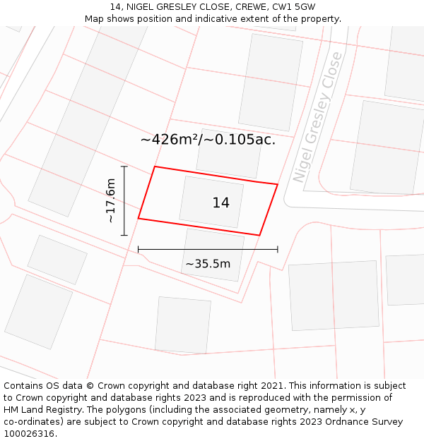 14, NIGEL GRESLEY CLOSE, CREWE, CW1 5GW: Plot and title map