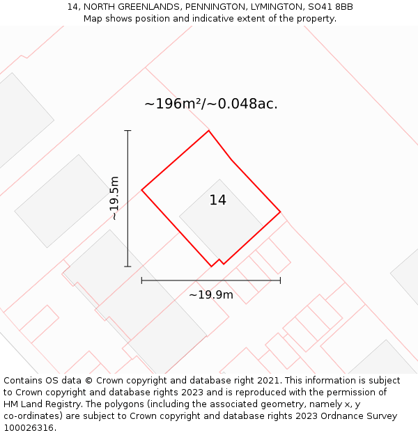 14, NORTH GREENLANDS, PENNINGTON, LYMINGTON, SO41 8BB: Plot and title map