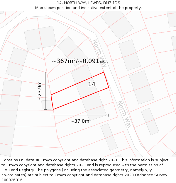 14, NORTH WAY, LEWES, BN7 1DS: Plot and title map