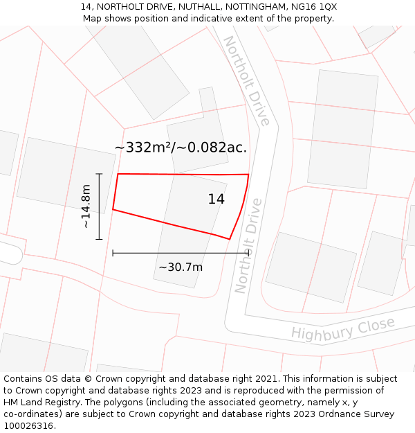 14, NORTHOLT DRIVE, NUTHALL, NOTTINGHAM, NG16 1QX: Plot and title map