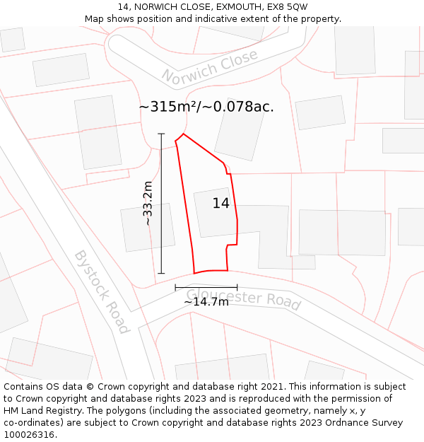 14, NORWICH CLOSE, EXMOUTH, EX8 5QW: Plot and title map