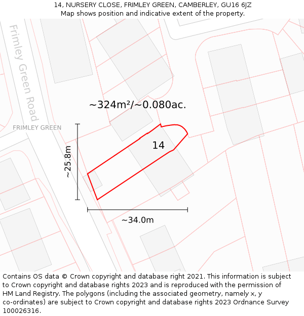 14, NURSERY CLOSE, FRIMLEY GREEN, CAMBERLEY, GU16 6JZ: Plot and title map
