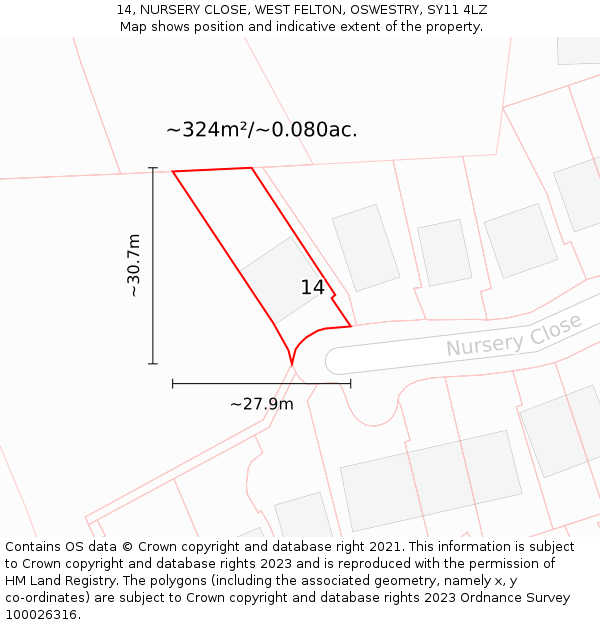 14, NURSERY CLOSE, WEST FELTON, OSWESTRY, SY11 4LZ: Plot and title map