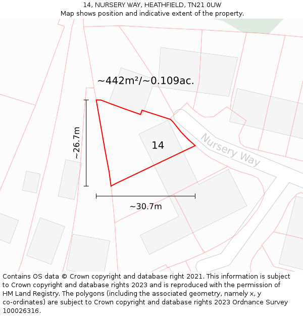 14, NURSERY WAY, HEATHFIELD, TN21 0UW: Plot and title map