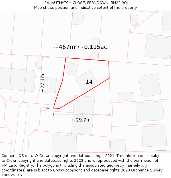 14, NUTHATCH CLOSE, FERNDOWN, BH22 9QJ: Plot and title map