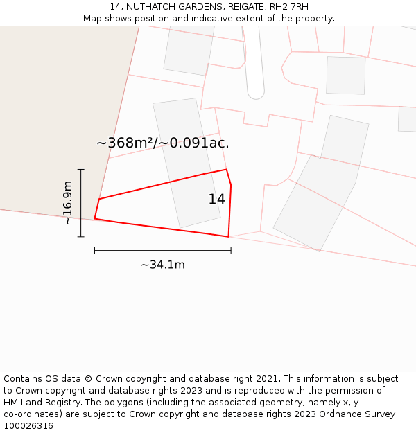 14, NUTHATCH GARDENS, REIGATE, RH2 7RH: Plot and title map