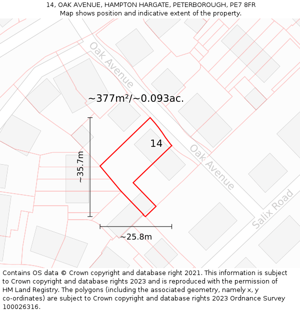 14, OAK AVENUE, HAMPTON HARGATE, PETERBOROUGH, PE7 8FR: Plot and title map