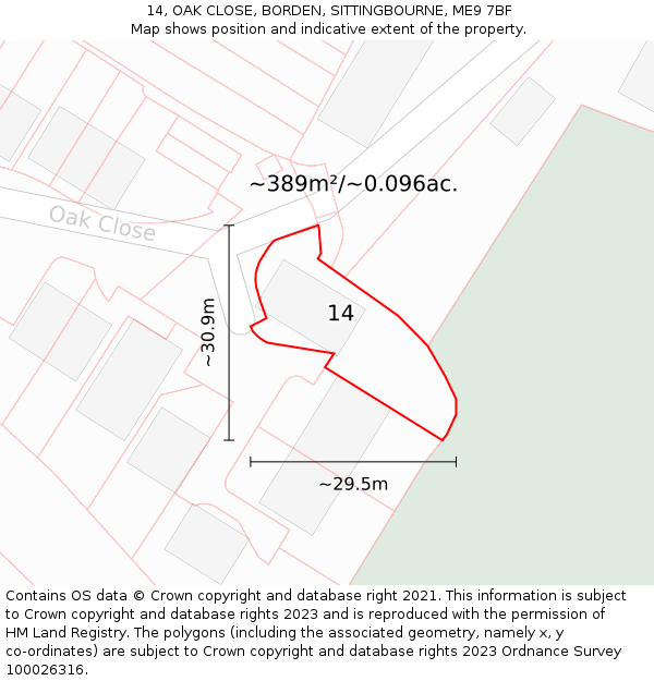 14, OAK CLOSE, BORDEN, SITTINGBOURNE, ME9 7BF: Plot and title map