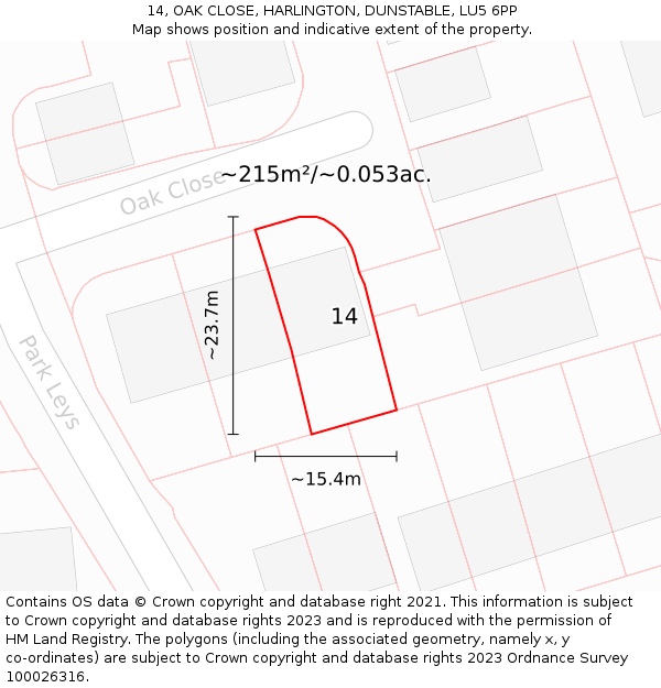 14, OAK CLOSE, HARLINGTON, DUNSTABLE, LU5 6PP: Plot and title map