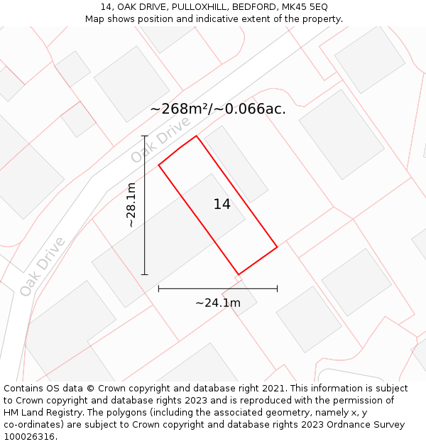 14, OAK DRIVE, PULLOXHILL, BEDFORD, MK45 5EQ: Plot and title map