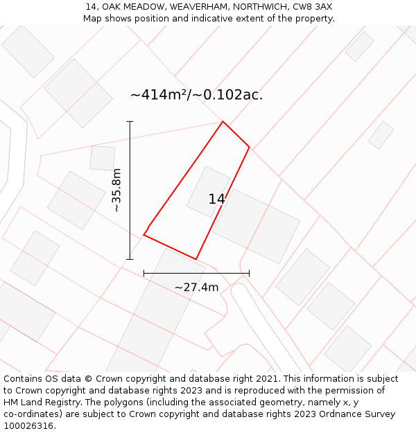 14, OAK MEADOW, WEAVERHAM, NORTHWICH, CW8 3AX: Plot and title map