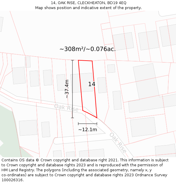 14, OAK RISE, CLECKHEATON, BD19 4EQ: Plot and title map