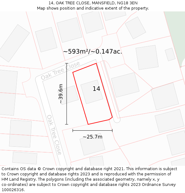 14, OAK TREE CLOSE, MANSFIELD, NG18 3EN: Plot and title map