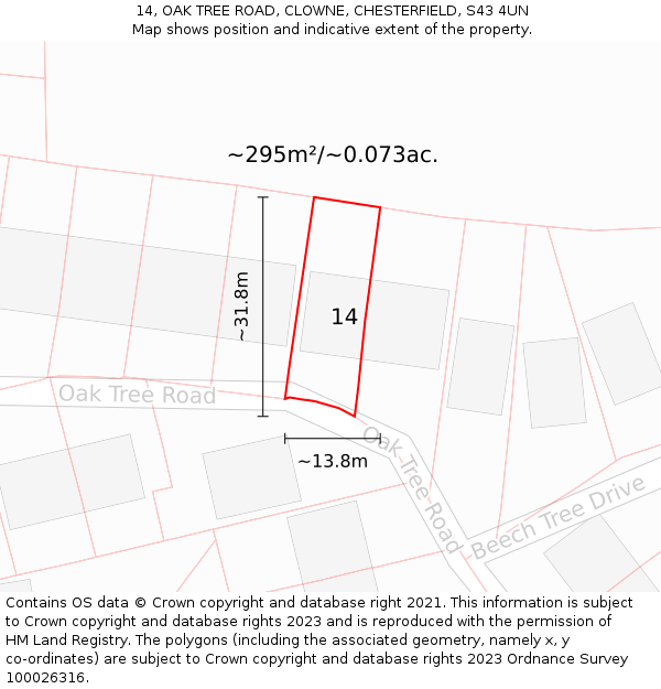 14, OAK TREE ROAD, CLOWNE, CHESTERFIELD, S43 4UN: Plot and title map