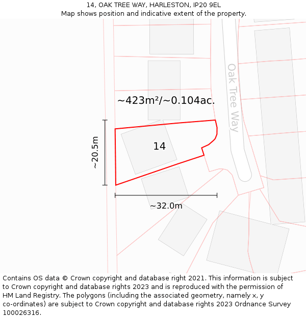 14, OAK TREE WAY, HARLESTON, IP20 9EL: Plot and title map