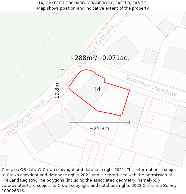 14, OAKBEER ORCHARD, CRANBROOK, EXETER, EX5 7BL: Plot and title map
