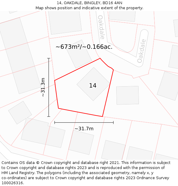 14, OAKDALE, BINGLEY, BD16 4AN: Plot and title map