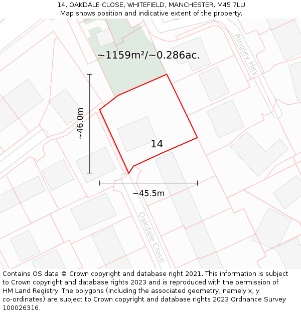 14, OAKDALE CLOSE, WHITEFIELD, MANCHESTER, M45 7LU: Plot and title map