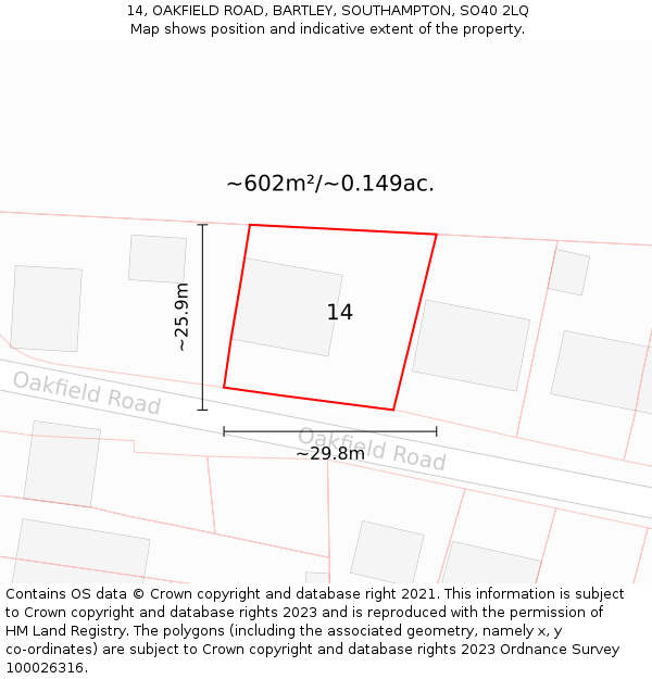 14, OAKFIELD ROAD, BARTLEY, SOUTHAMPTON, SO40 2LQ: Plot and title map