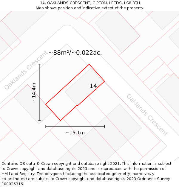 14, OAKLANDS CRESCENT, GIPTON, LEEDS, LS8 3TH: Plot and title map