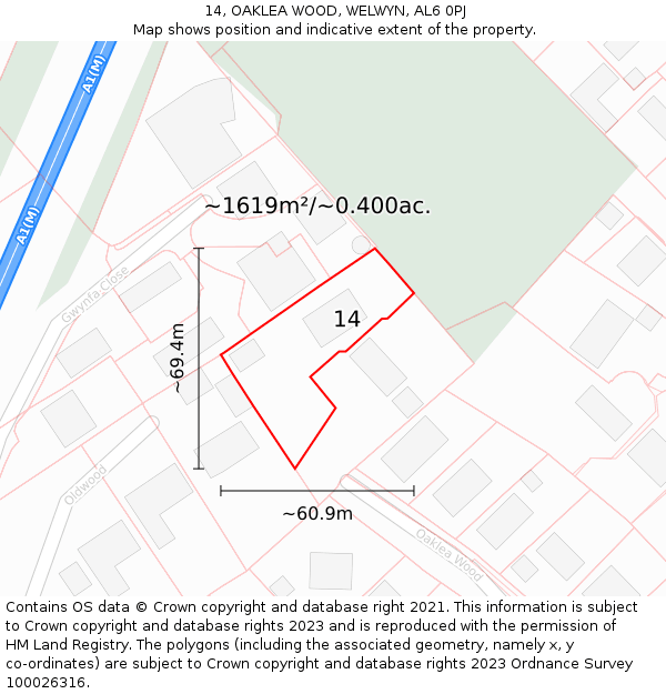 14, OAKLEA WOOD, WELWYN, AL6 0PJ: Plot and title map