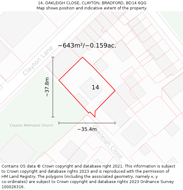 14, OAKLEIGH CLOSE, CLAYTON, BRADFORD, BD14 6QG: Plot and title map