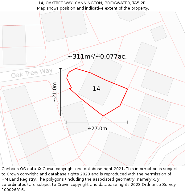 14, OAKTREE WAY, CANNINGTON, BRIDGWATER, TA5 2RL: Plot and title map