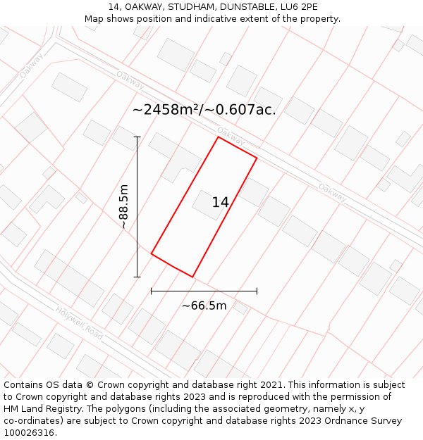 14, OAKWAY, STUDHAM, DUNSTABLE, LU6 2PE: Plot and title map