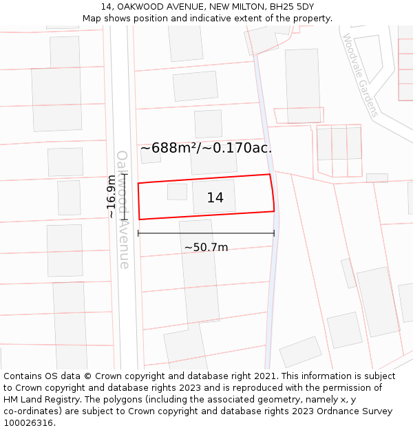 14, OAKWOOD AVENUE, NEW MILTON, BH25 5DY: Plot and title map