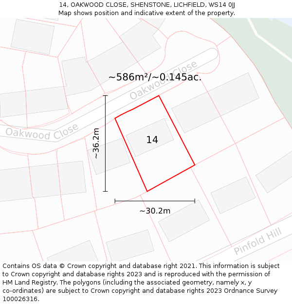 14, OAKWOOD CLOSE, SHENSTONE, LICHFIELD, WS14 0JJ: Plot and title map