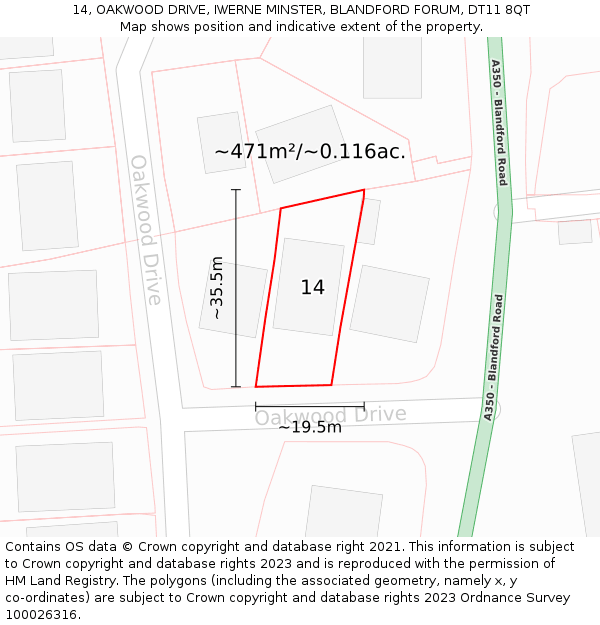 14, OAKWOOD DRIVE, IWERNE MINSTER, BLANDFORD FORUM, DT11 8QT: Plot and title map
