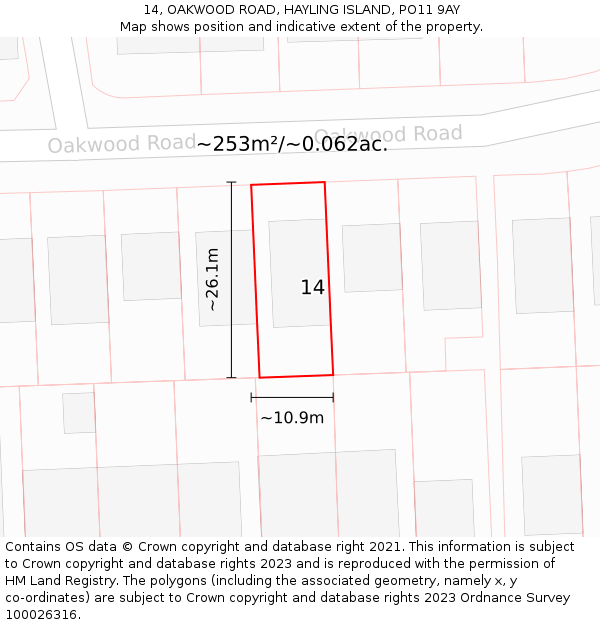 14, OAKWOOD ROAD, HAYLING ISLAND, PO11 9AY: Plot and title map