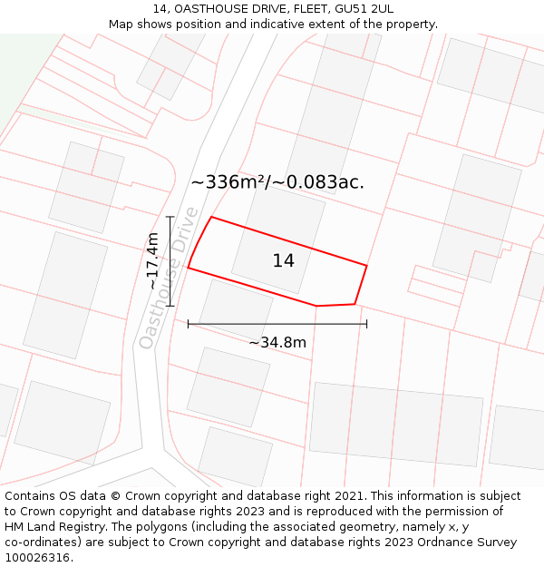 14, OASTHOUSE DRIVE, FLEET, GU51 2UL: Plot and title map