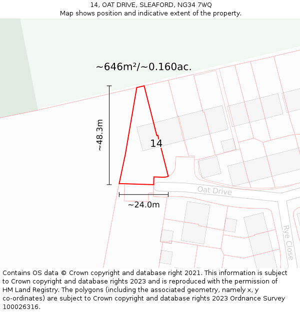 14, OAT DRIVE, SLEAFORD, NG34 7WQ: Plot and title map