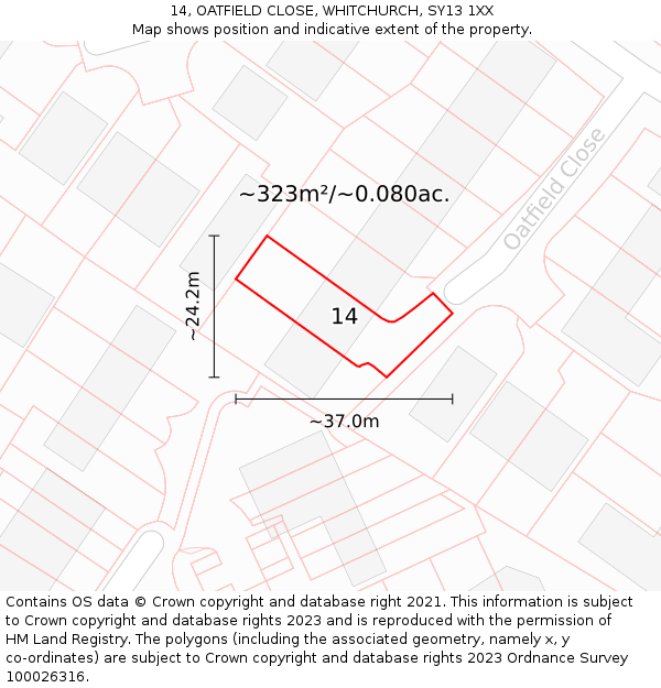14, OATFIELD CLOSE, WHITCHURCH, SY13 1XX: Plot and title map