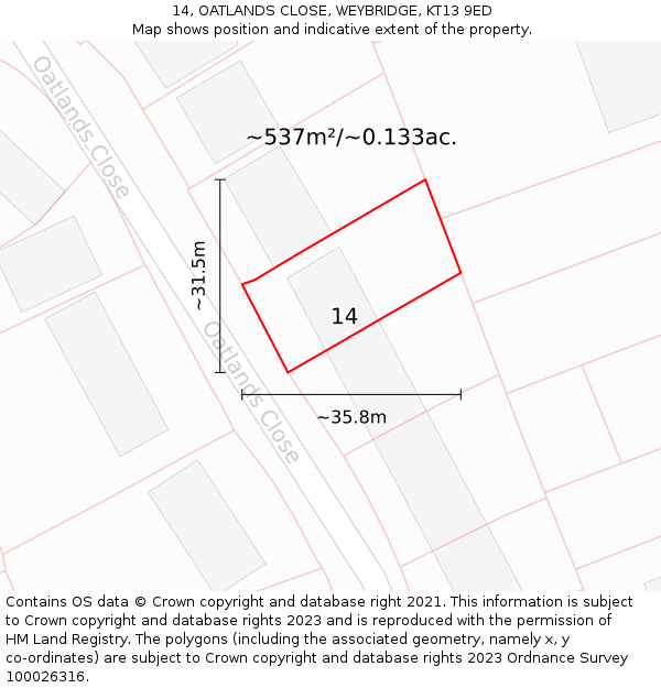 14, OATLANDS CLOSE, WEYBRIDGE, KT13 9ED: Plot and title map