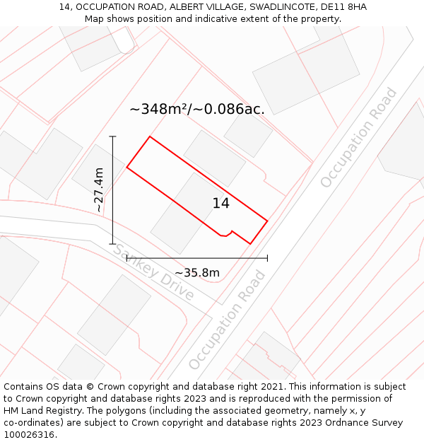 14, OCCUPATION ROAD, ALBERT VILLAGE, SWADLINCOTE, DE11 8HA: Plot and title map