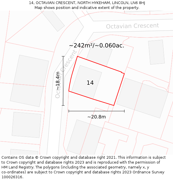 14, OCTAVIAN CRESCENT, NORTH HYKEHAM, LINCOLN, LN6 8HJ: Plot and title map