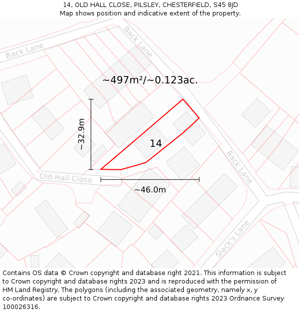 14, OLD HALL CLOSE, PILSLEY, CHESTERFIELD, S45 8JD: Plot and title map
