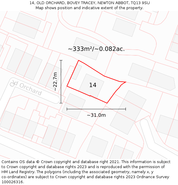 14, OLD ORCHARD, BOVEY TRACEY, NEWTON ABBOT, TQ13 9SU: Plot and title map