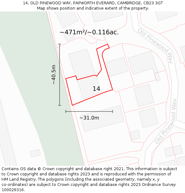 14, OLD PINEWOOD WAY, PAPWORTH EVERARD, CAMBRIDGE, CB23 3GT: Plot and title map