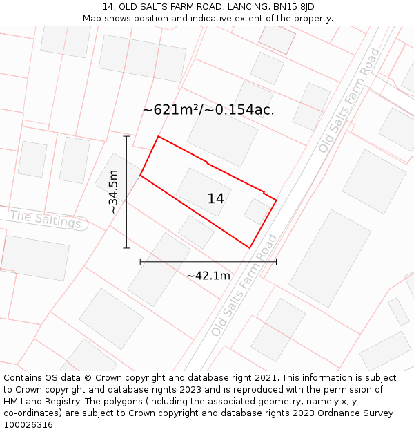 14, OLD SALTS FARM ROAD, LANCING, BN15 8JD: Plot and title map