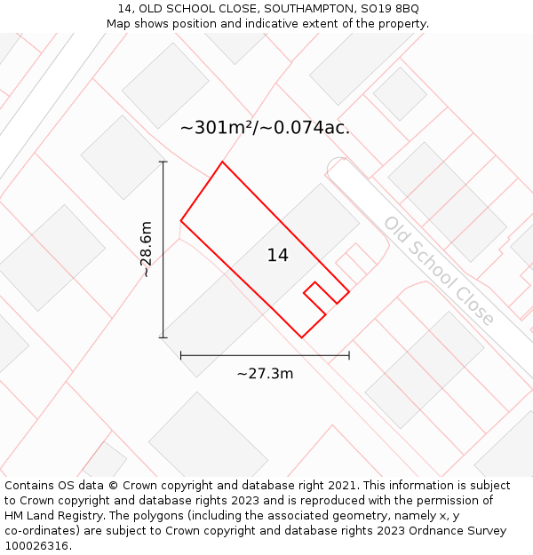 14, OLD SCHOOL CLOSE, SOUTHAMPTON, SO19 8BQ: Plot and title map