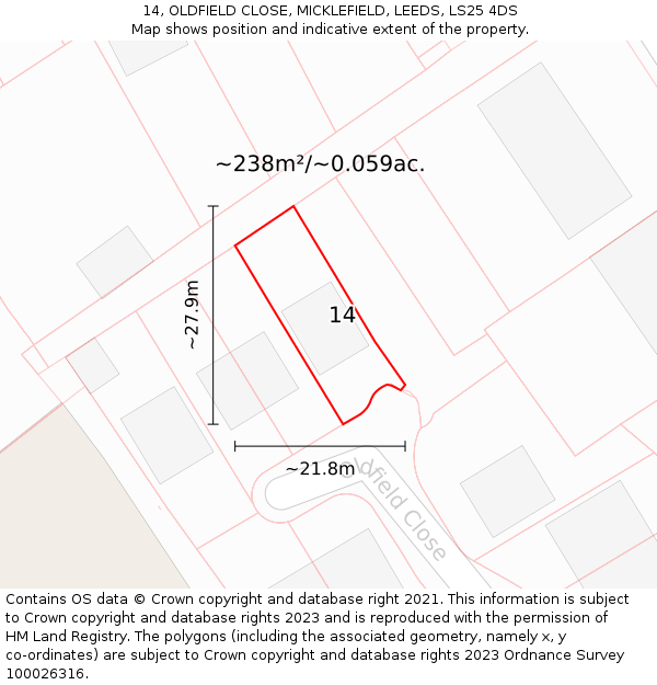 14, OLDFIELD CLOSE, MICKLEFIELD, LEEDS, LS25 4DS: Plot and title map