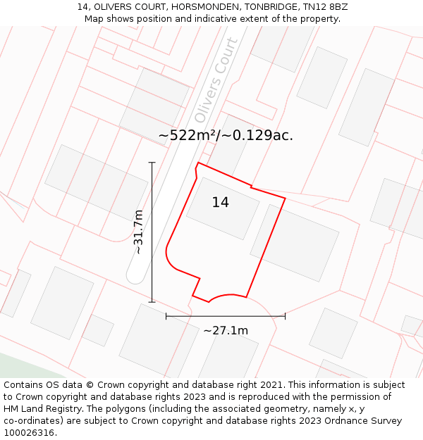 14, OLIVERS COURT, HORSMONDEN, TONBRIDGE, TN12 8BZ: Plot and title map