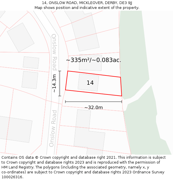 14, ONSLOW ROAD, MICKLEOVER, DERBY, DE3 9JJ: Plot and title map