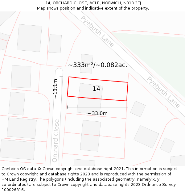 14, ORCHARD CLOSE, ACLE, NORWICH, NR13 3EJ: Plot and title map